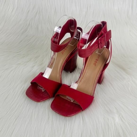 Bamboo Red Milestone Croc Accent Ankle Strap Chunky Block Heel Sandals - Picture 7 of 10